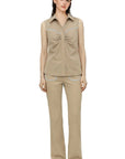 BEIGE FLARED PANTS WITH TOPSTICHING