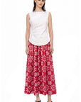 RED DENIM LONG SKIRT WITH EMBROIDERY